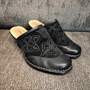 Softspots Leather Mules Clogs Womens Sz 8.5 Black Suede Floral Western Boho Chic